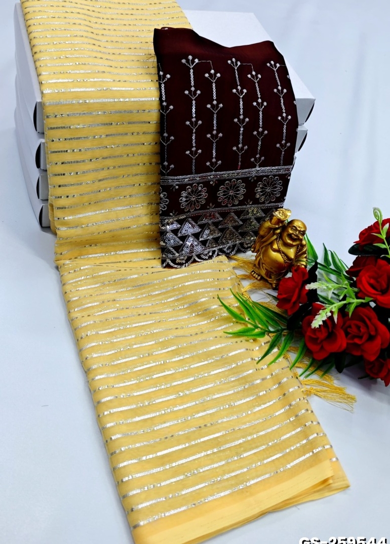 GEORGETTE FANCY SOFT SILK SAREES WITH BLOUSE MODERN FANCY  SAREES - LIGHT YELLOW (1)