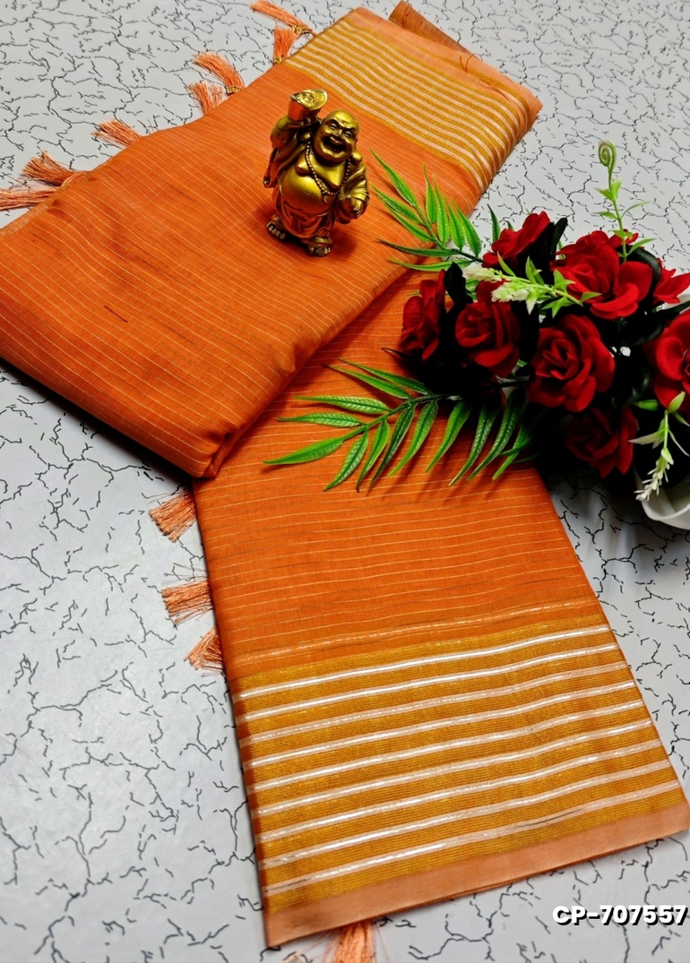 FANCY PLAIN COTTON  SOFT SILK SAREES - LIGHT ORANGE