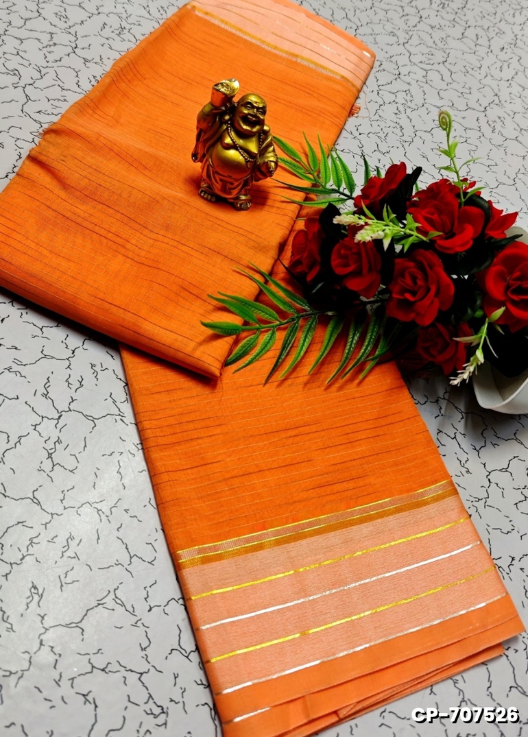 FANCY PLAIN COTTON  SOFT SILK SAREES - ORANGE N