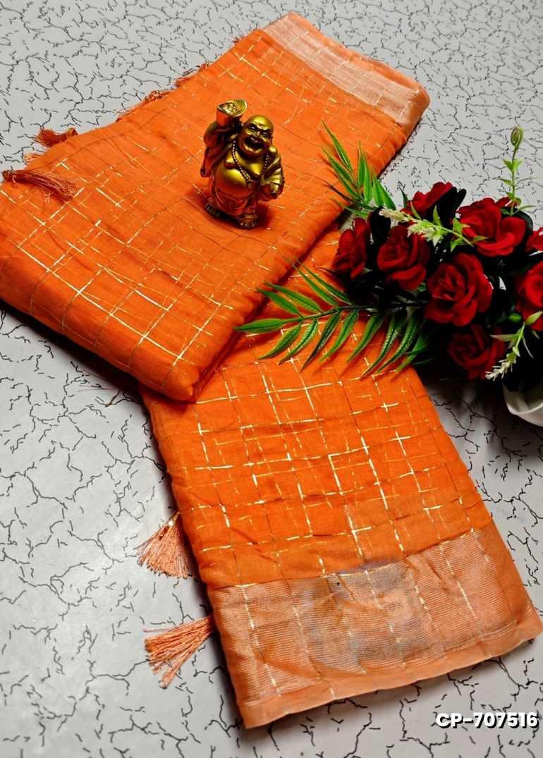 FANCY PLAIN COTTON  SOFT SILK SAREES - ORANGE
