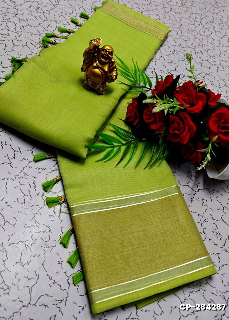 FANCY PLAIN COTTON SOFT SILK SAREES - FLORAISON GREEN