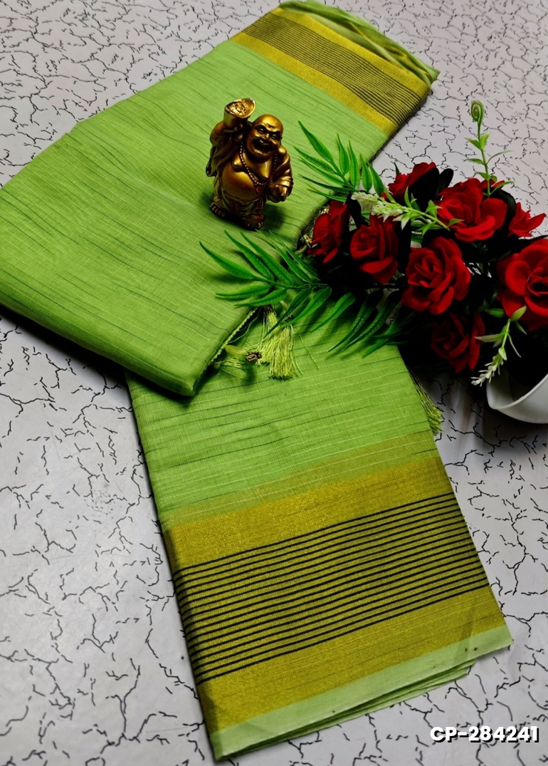 FANCY PLAIN COTTON SOFT SILK SAREES - LIGHT GREEN