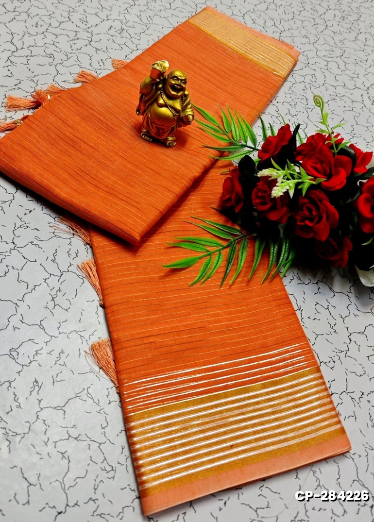 FANCY PLAIN COTTON SOFT SILK SAREES - ORANGE N