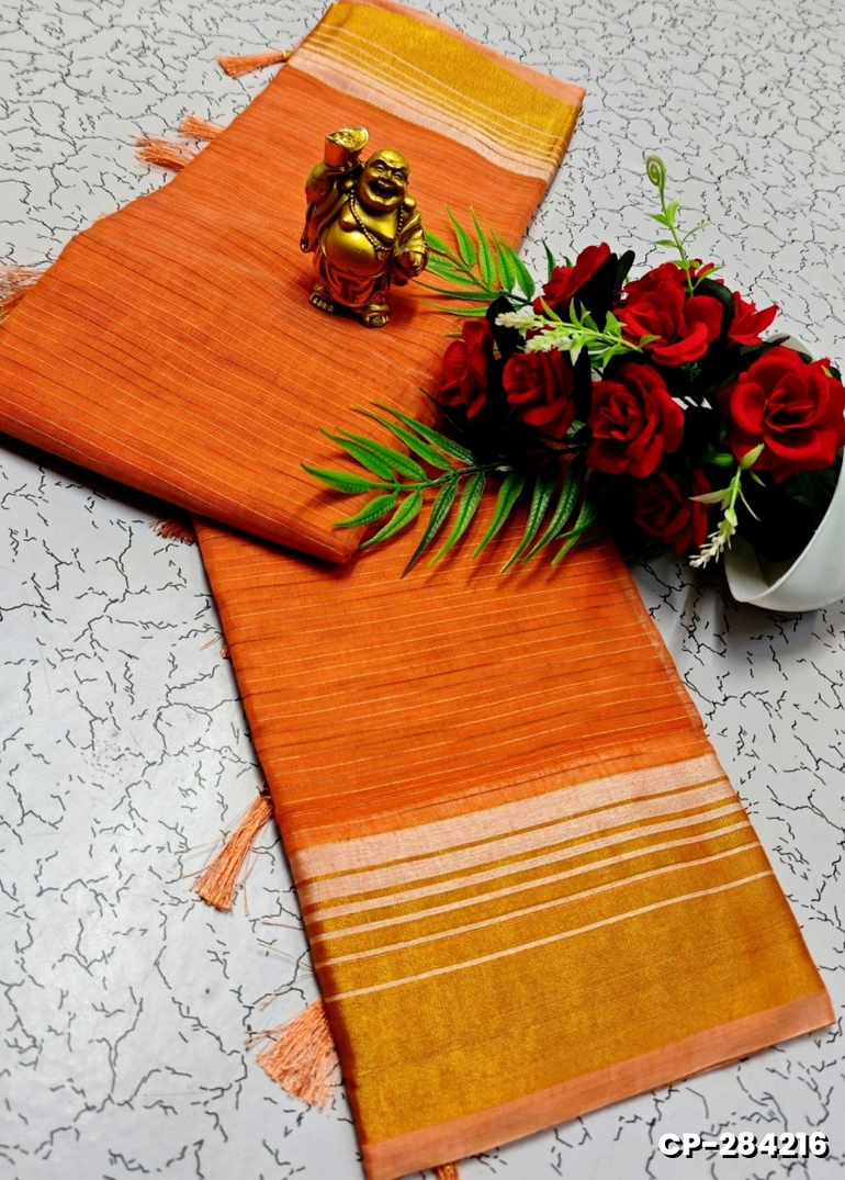 FANCY PLAIN COTTON SOFT SILK SAREES - ORANGE