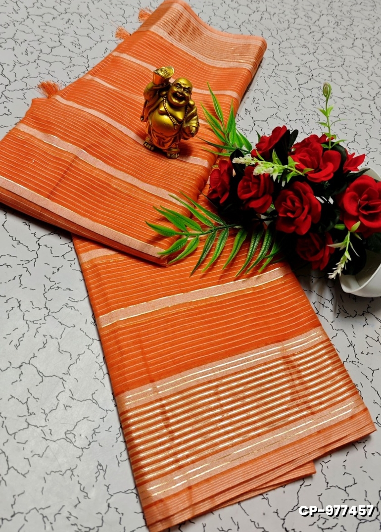 FANCY PLAIN COTTON SOFT SILK SAREES - LIGHT ORANGE