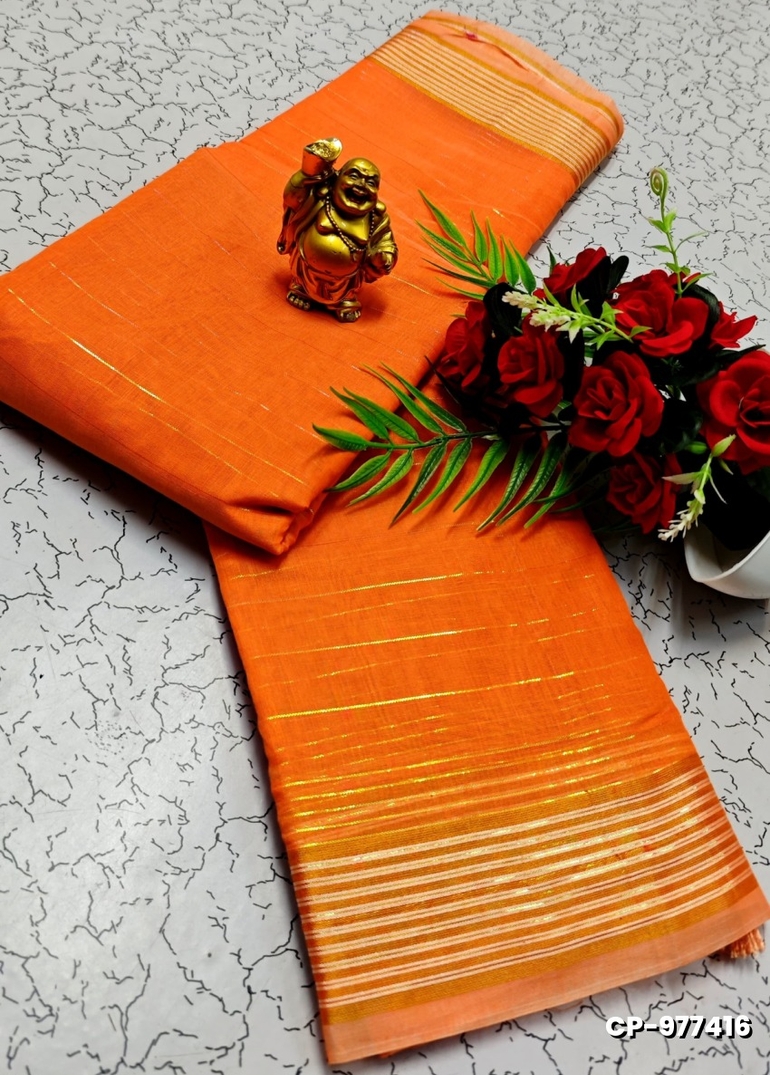 FANCY PLAIN COTTON SOFT SILK SAREES - ORANGE (1)