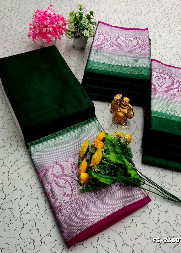 FANCY SILVAR ZARI PLAIN  SOFT SILK SAREES - BOTTLE GREEN