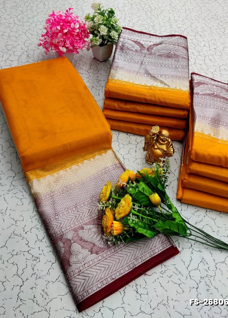 FANCY SILVAR ZARI PLAIN  SOFT SILK SAREES - YELLOW COLOR