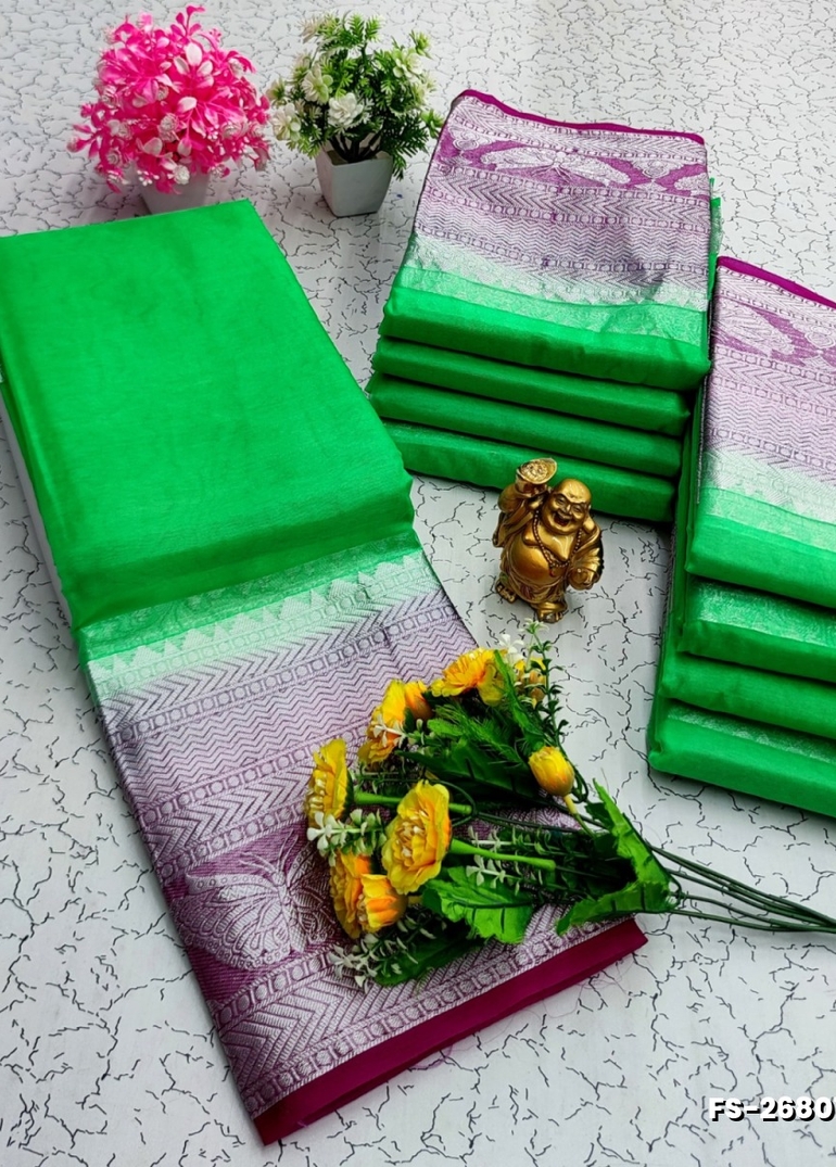 FANCY SILVAR ZARI PLAIN  SOFT SILK SAREES - EMERALD COLOUR