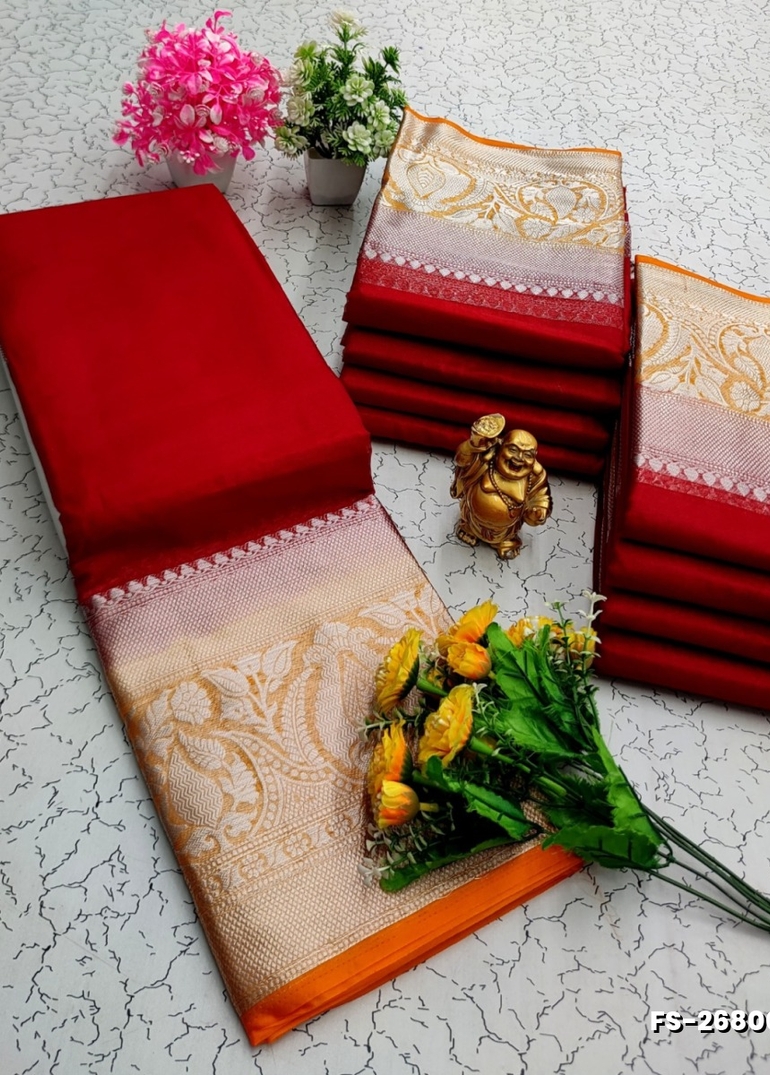 FANCY SILVAR ZARI PLAIN  SOFT SILK SAREES - RED