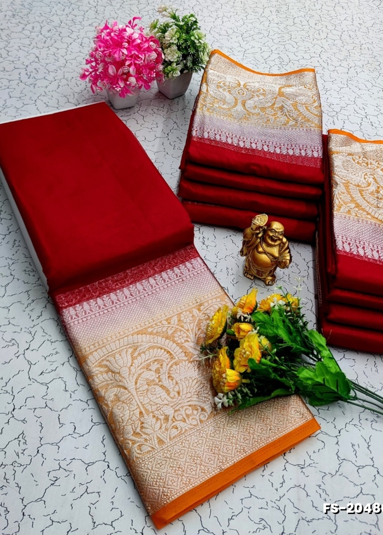FANCY SILVAR ZARI PLAIN SOFT SILK SAREES - RED