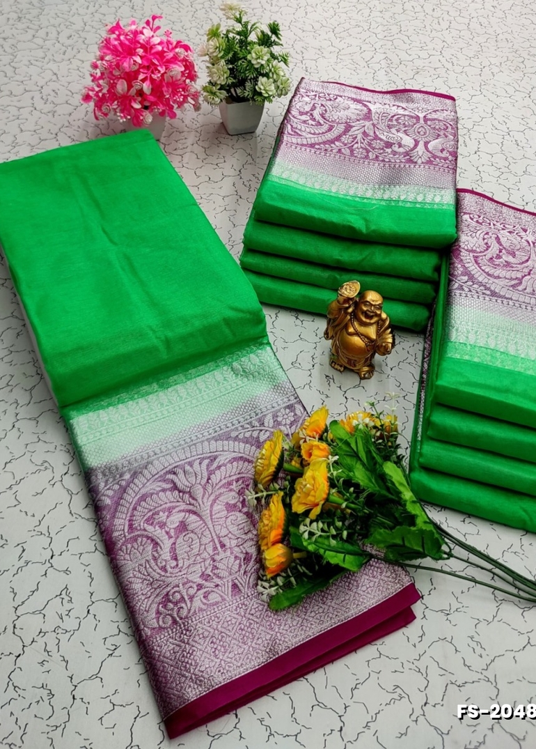 FANCY SILVAR ZARI PLAIN SOFT SILK SAREES - EMERALD COLOUR