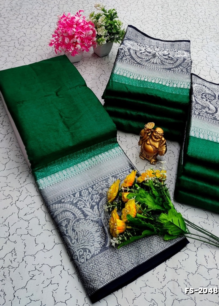 FANCY SILVAR ZARI PLAIN SOFT SILK SAREES - BOTTLE GREEN
