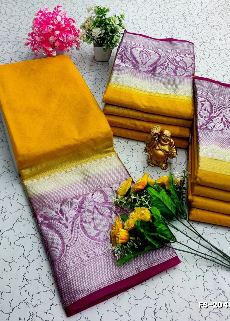 FANCY SILVAR ZARI PLAIN SOFT SILK SAREES - LIGHT YELLOW