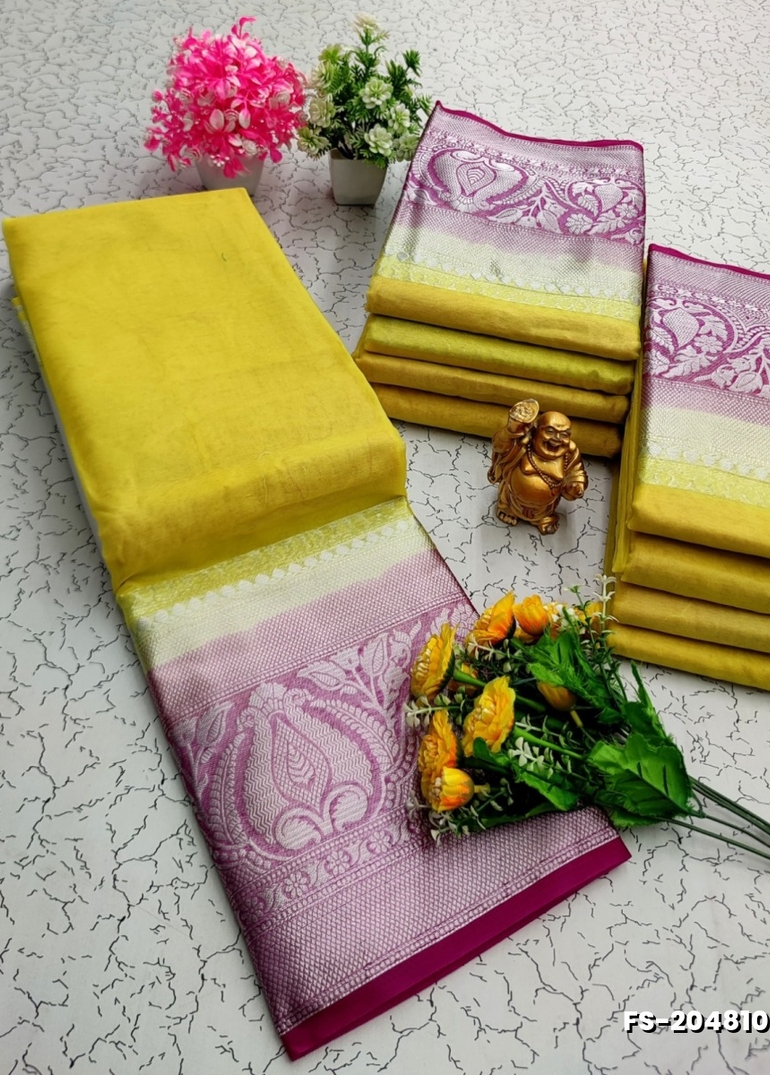 FANCY SILVAR ZARI PLAIN SOFT SILK SAREES - YELLOW
