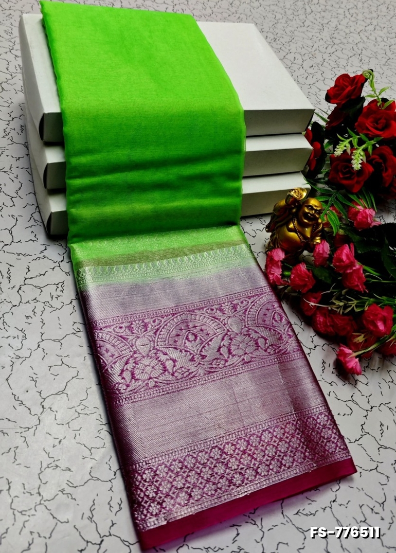FANCY SILVAR ZARI PLAIN SOFT SILK SAREES - PARET GREEN