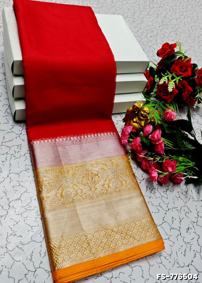FANCY SILVAR ZARI PLAIN SOFT SILK SAREES - RED (1)