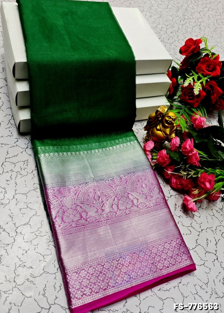 FANCY SILVAR ZARI PLAIN SOFT SILK SAREES - GREEN COLOUR