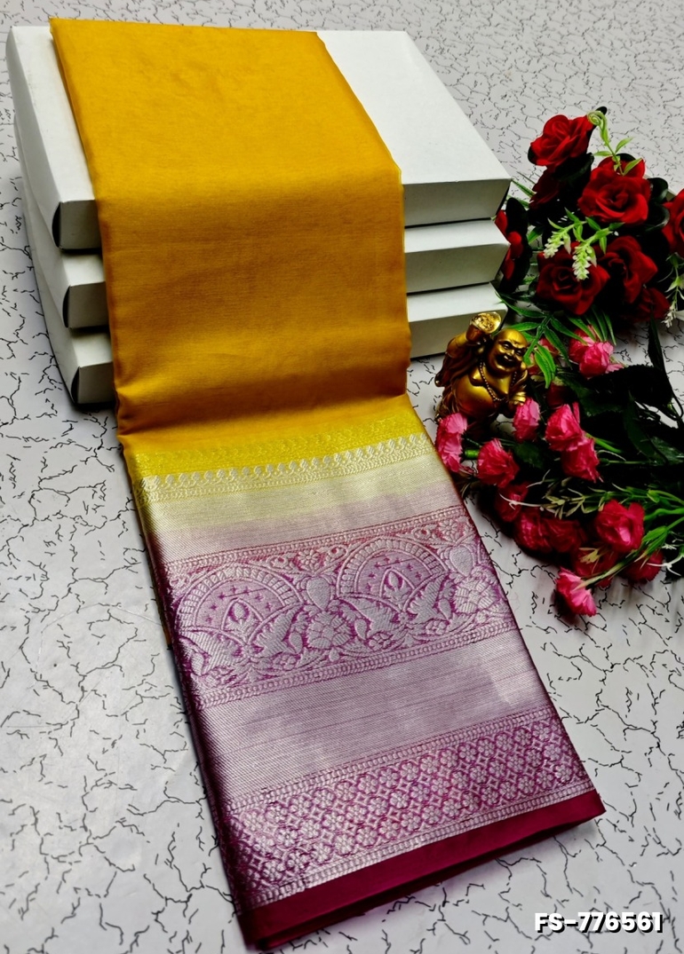 FANCY SILVAR ZARI PLAIN SOFT SILK SAREES - YELLOW COLOR (1)