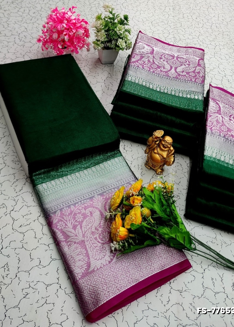 FANCY SILVAR ZARI PLAIN SOFT SILK SAREES - BOTTLE GREEN (1)