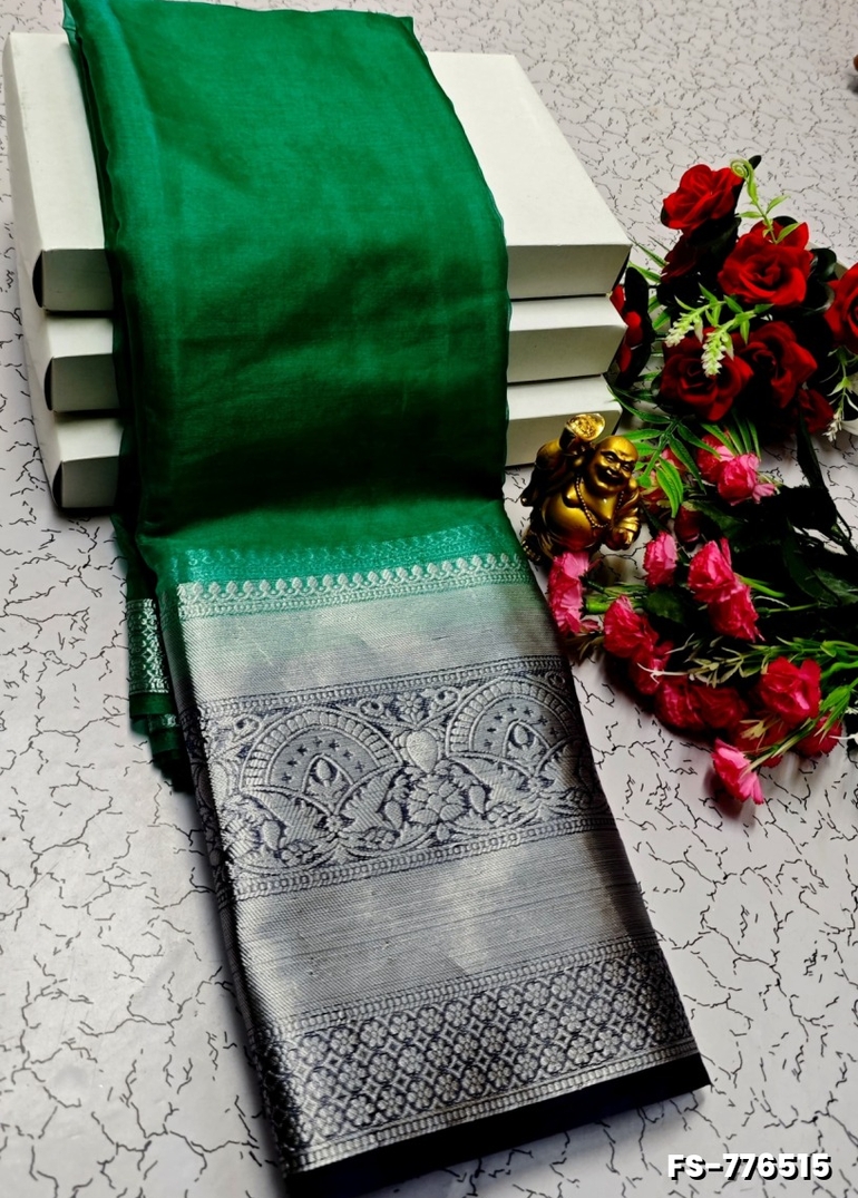 FANCY SILVAR ZARI PLAIN SOFT SILK SAREES - GREEN