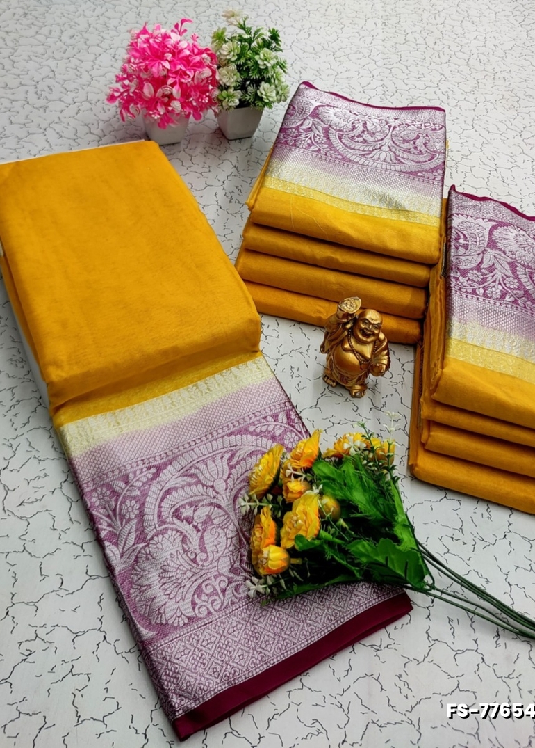 FANCY SILVAR ZARI PLAIN SOFT SILK SAREES - LIGHT YELLOW (1)