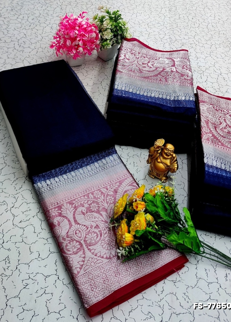 FANCY SILVAR ZARI PLAIN SOFT SILK SAREES - NAVY COLOUR