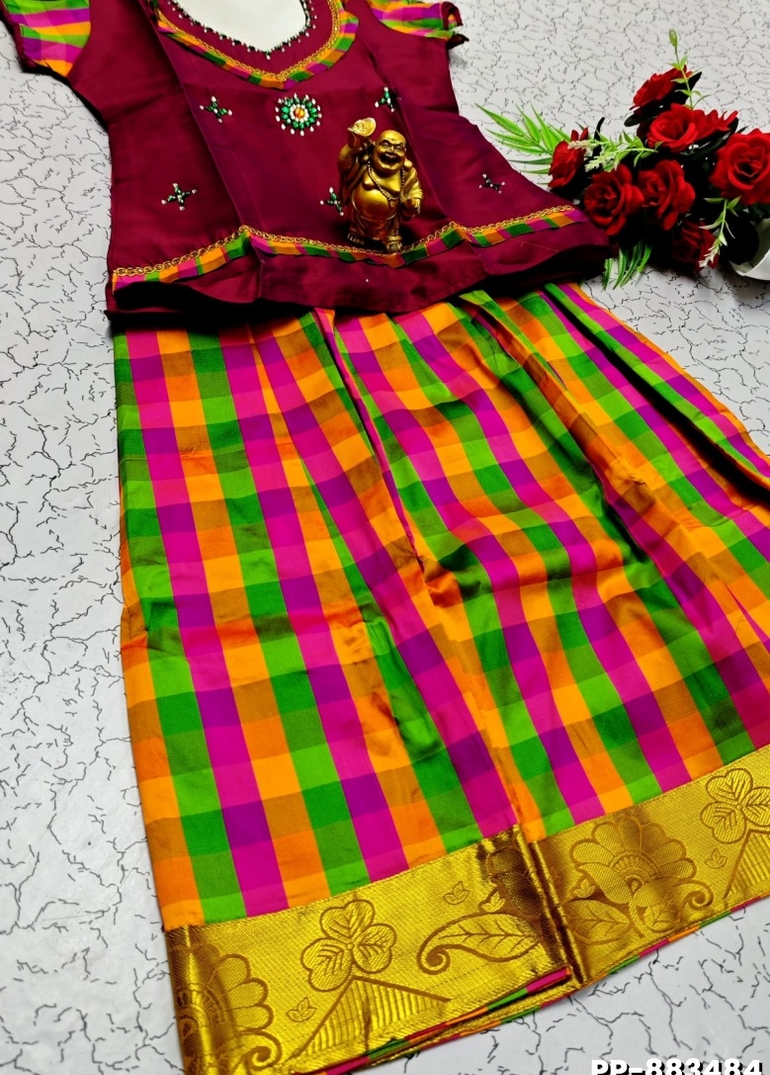 KIDS TRENDY WEAR PATTU PAVADAI SET - WINE COLOUR