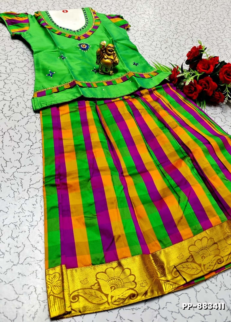 KIDS TRENDY WEAR PATTU PAVADAI SET - PARET GREEN
