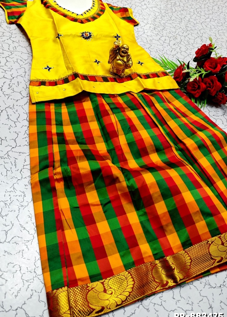 KIDS TRENDY WEAR PATTU PAVADAI SET - LEMON COLOUR
