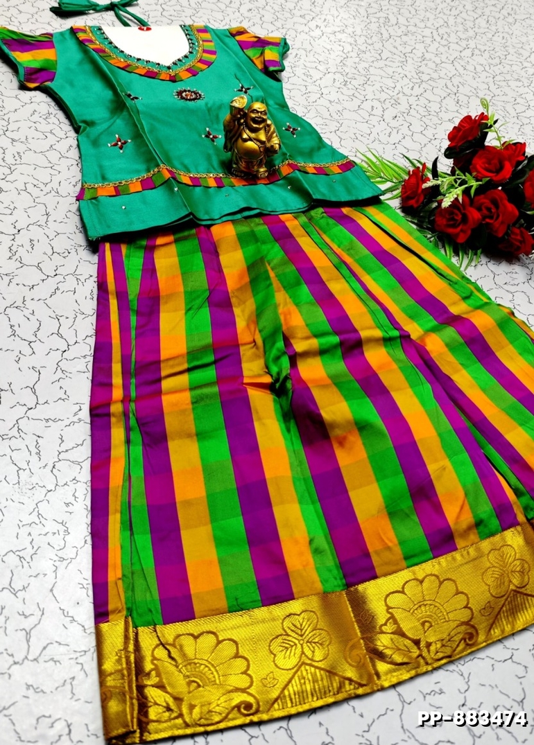 KIDS TRENDY WEAR PATTU PAVADAI SET - EMERALD COLOUR