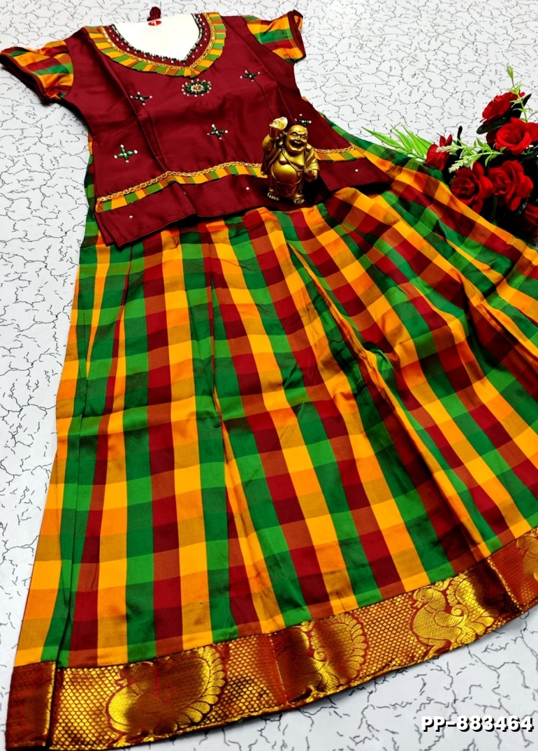 KIDS TRENDY WEAR PATTU PAVADAI SET - BROWN COLOUR