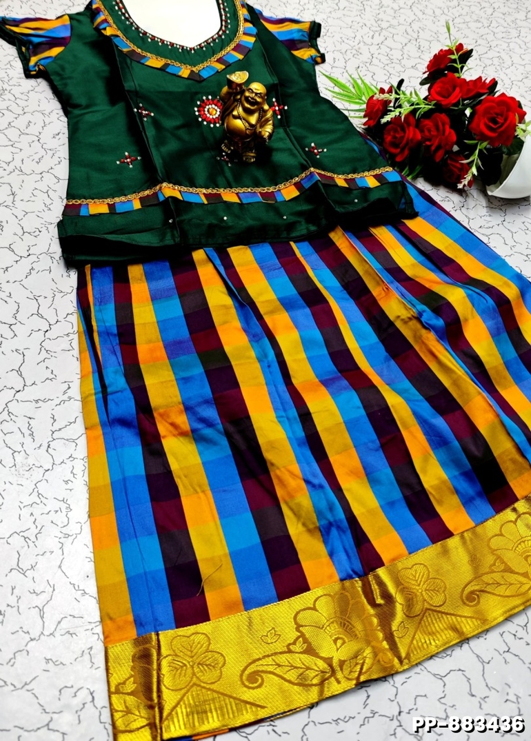 KIDS TRENDY WEAR PATTU PAVADAI SET - BOTTLE GREEN