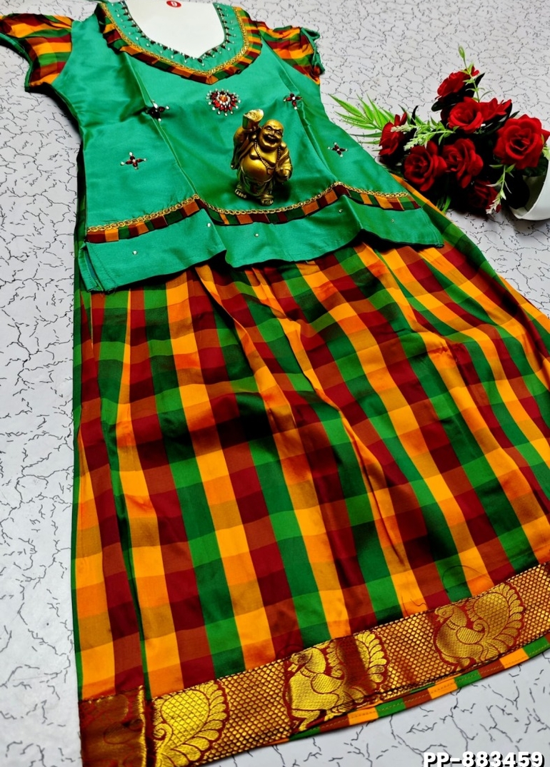 KIDS TRENDY WEAR PATTU PAVADAI SET - NORMAL GREEN