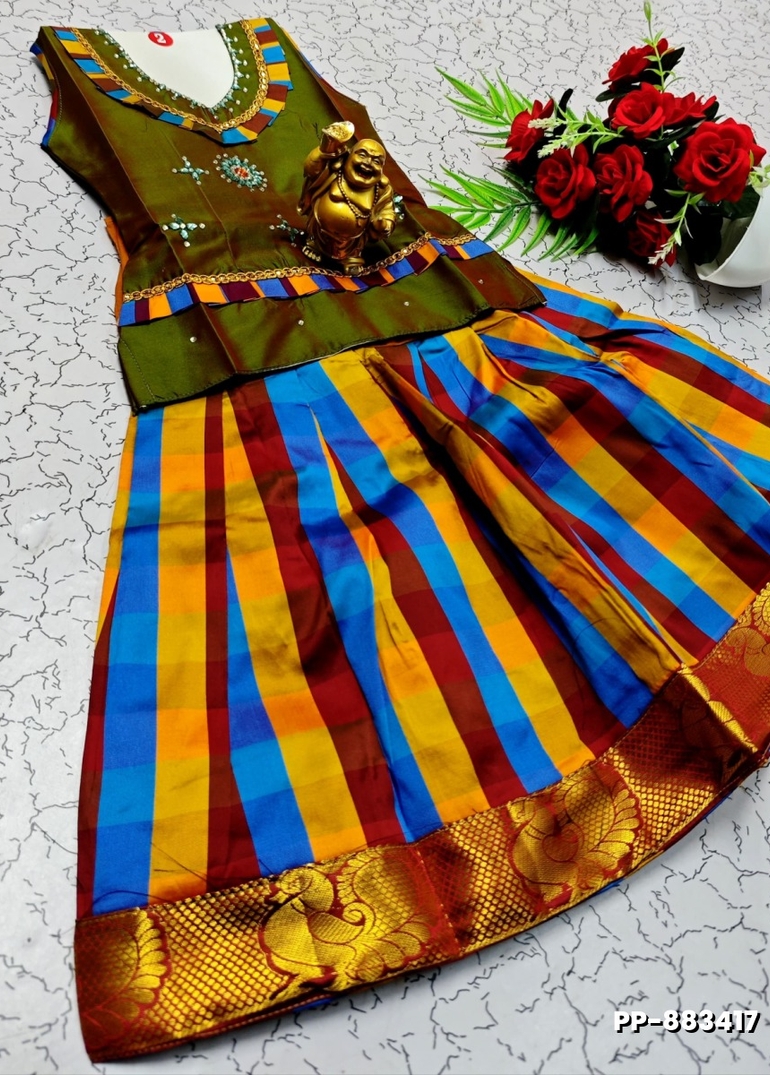 KIDS TRENDY WEAR PATTU PAVADAI SET - OLIVE GREEN