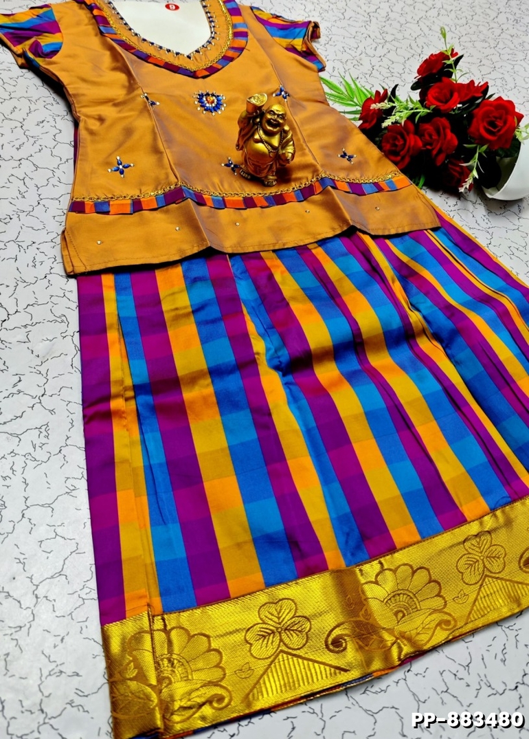 KIDS TRENDY WEAR PATTU PAVADAI SET - TANGERINE COLOUR