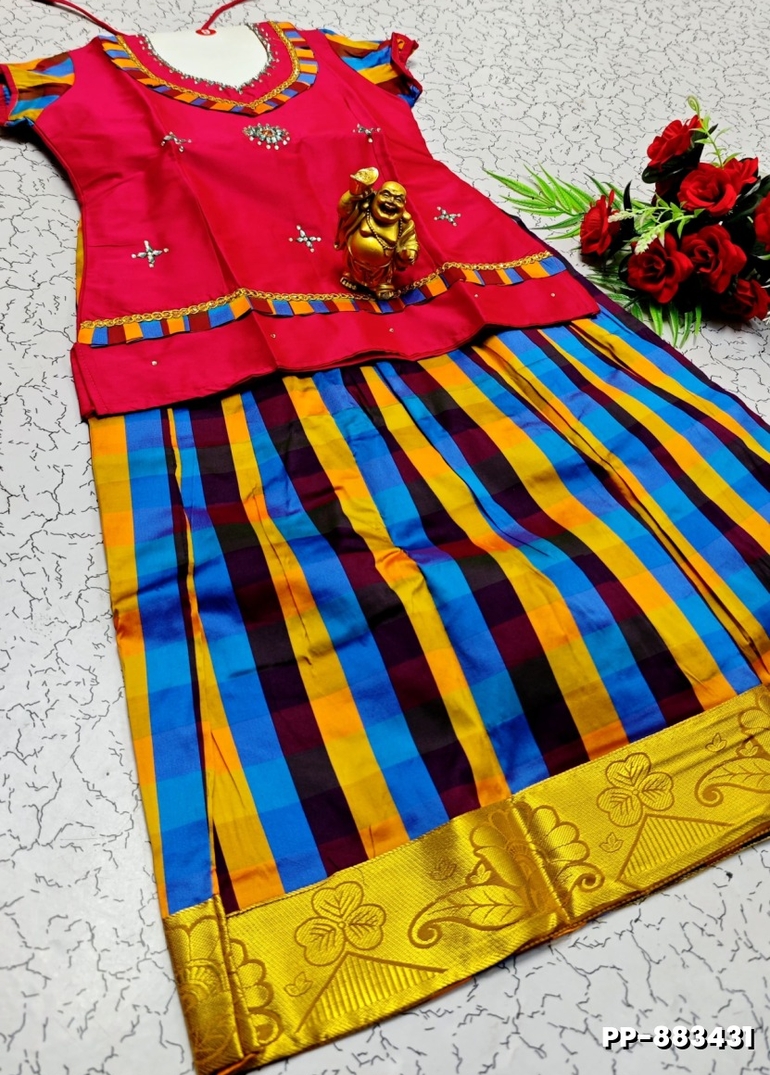 KIDS TRENDY WEAR PATTU PAVADAI SET - DARK PINK