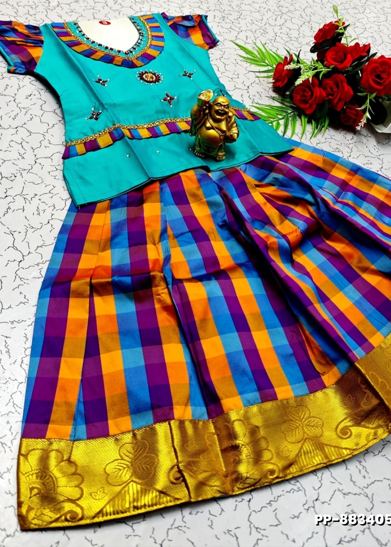 KIDS TRENDY WEAR PATTU PAVADAI SET - SKY BLUE