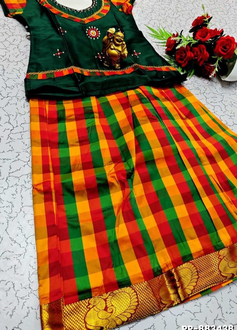 KIDS TRENDY WEAR PATTU PAVADAI SET - DARK GREEN