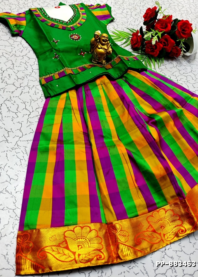 KIDS TRENDY WEAR PATTU PAVADAI SET - GREEN COLOUR