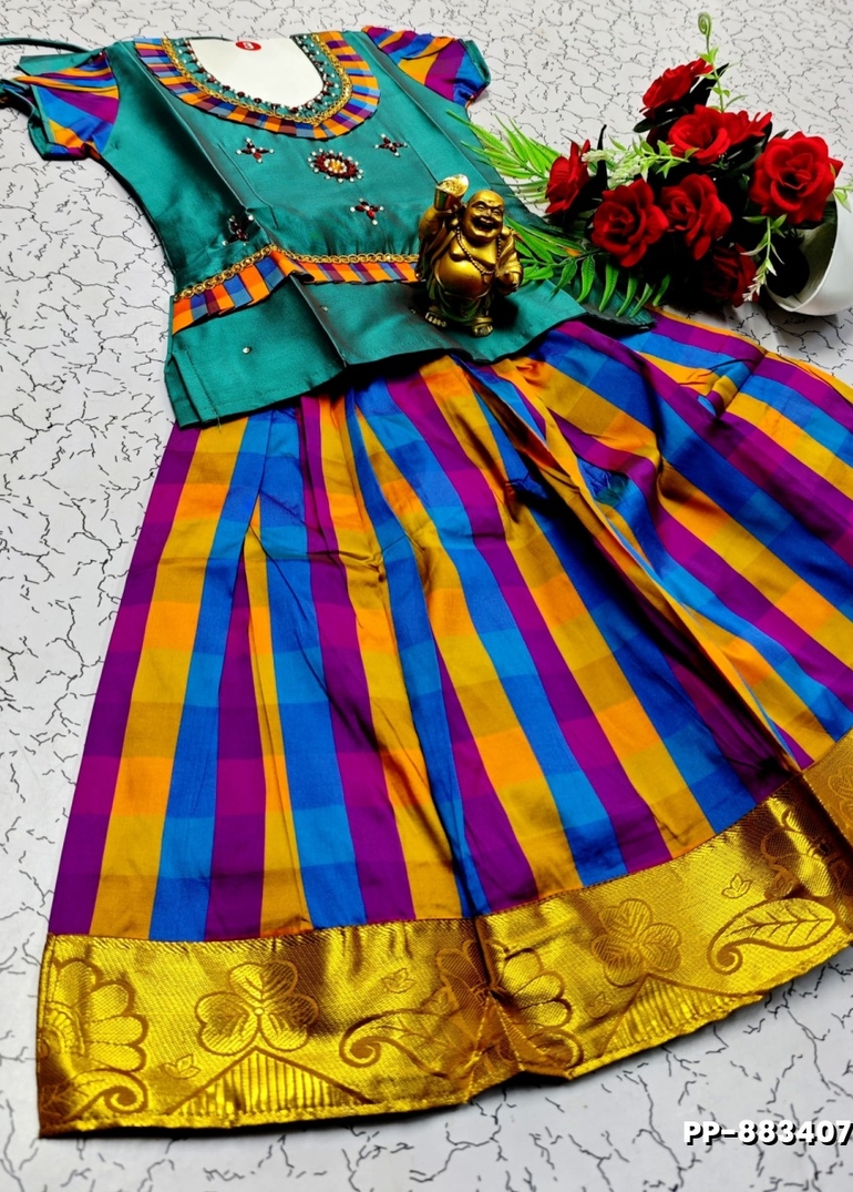 KIDS TRENDY WEAR PATTU PAVADAI SET - TEAL COLOUR