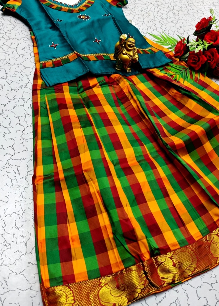 KIDS TRENDY WEAR PATTU PAVADAI SET - BLUE SHADE