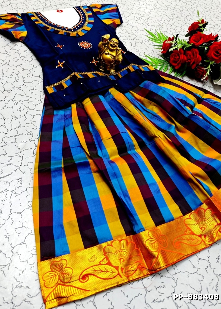 KIDS TRENDY WEAR PATTU PAVADAI SET - NAVY COLOUR