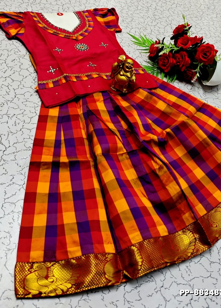 KIDS TRENDY WEAR PATTU PAVADAI SET - TOMATO COLOUR
