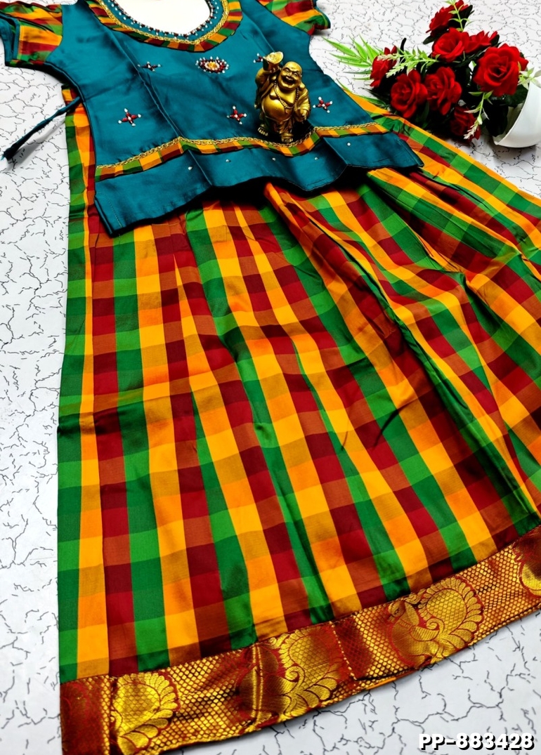 KIDS TRENDY WEAR PATTU PAVADAI SET - BULE