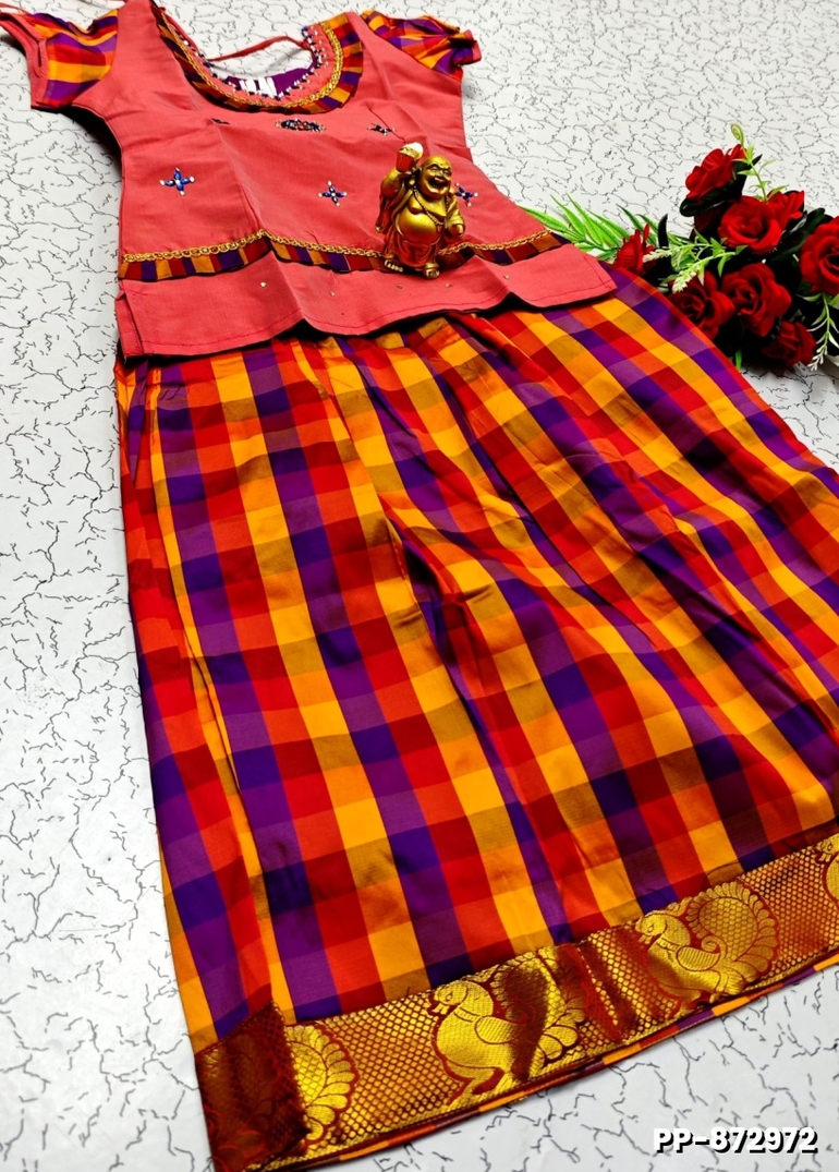 KIDS TRENDY WEAR PATTU PAVADAI SET - CORAL COLOUR (1)