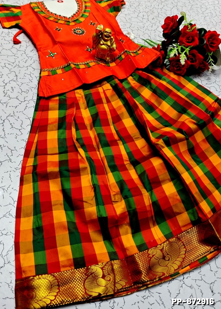 KIDS TRENDY WEAR PATTU PAVADAI SET - ORANGE (1)