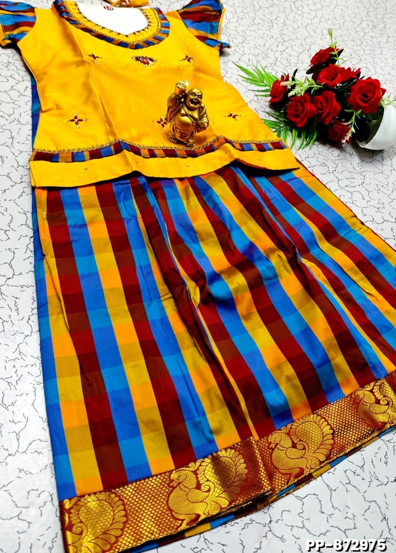 KIDS TRENDY WEAR PATTU PAVADAI SET - LEMON COLOUR (1)
