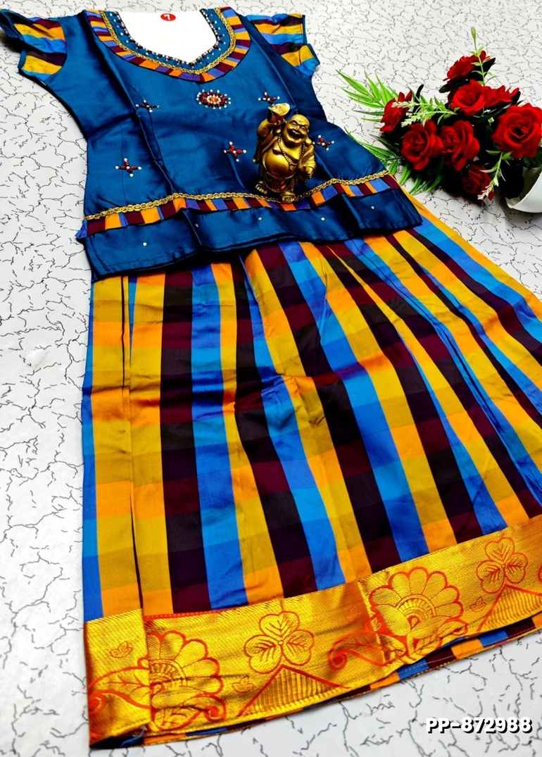 KIDS TRENDY WEAR PATTU PAVADAI SET - PEACKOK BLUE
