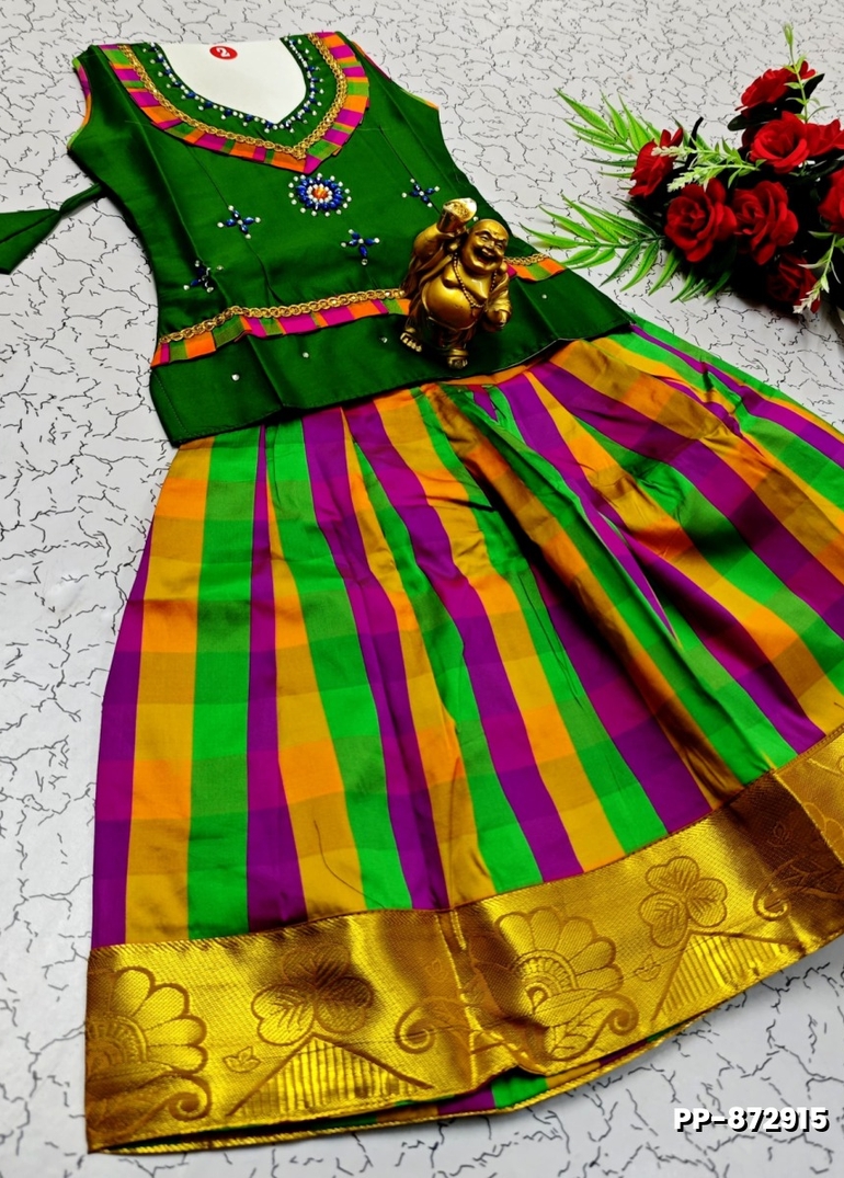 KIDS TRENDY WEAR PATTU PAVADAI SET - GREEN (1)